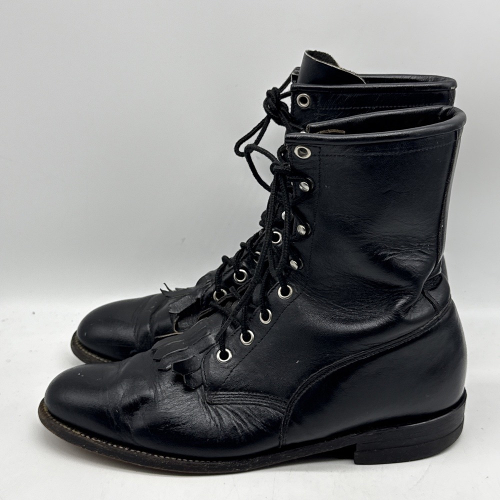Vtg Justin‎ Boots Womens 8.5 B Brown Leather Lace Up Combat Fringe Kiltie USA